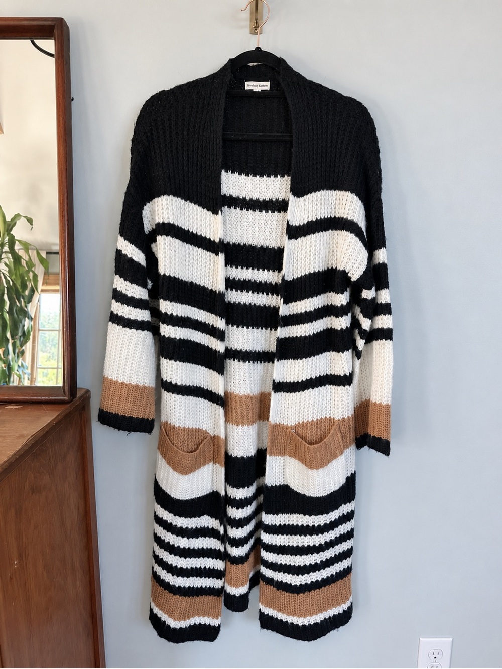 Newbury Kustom S/M Striped Longline Duster Cardigan Black Cream Camel